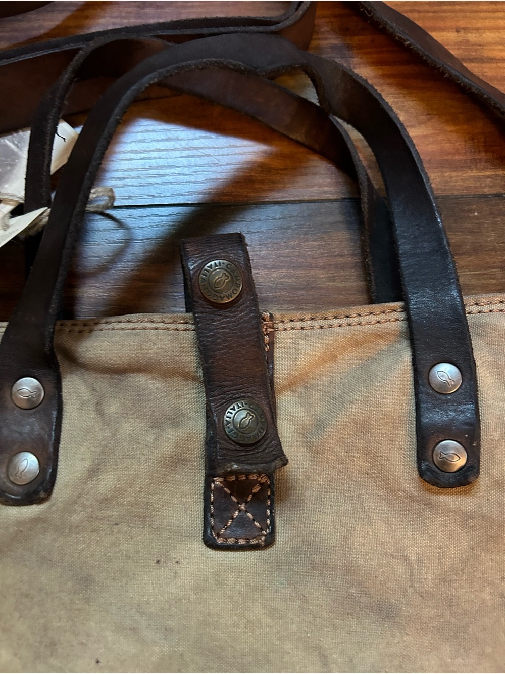 Campomaggi Canvas & Brown Leather Crossbody Tote Bag w/ Studs - Picture 5 of 9